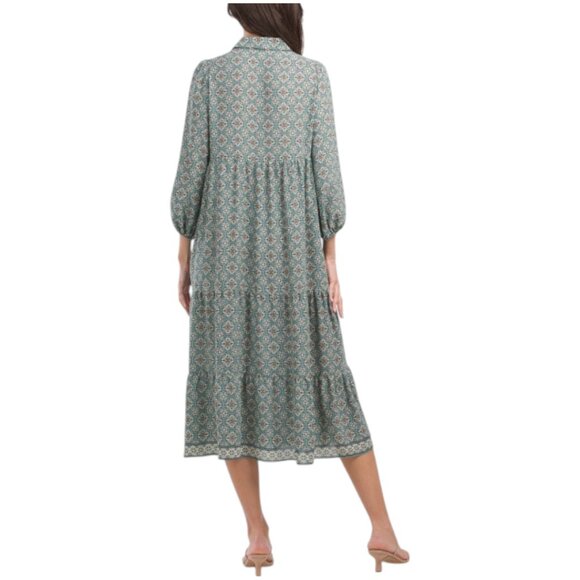MAX STUDIO Three-quarter Sleeve Collared Tiered Maxi Dress - Green/Cream - Picture 2 of 3